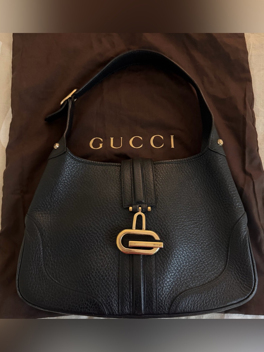 GUCCI Jackie Vintage Tom Ford Black Pebbled Leather G Hardware Shoulder Bag